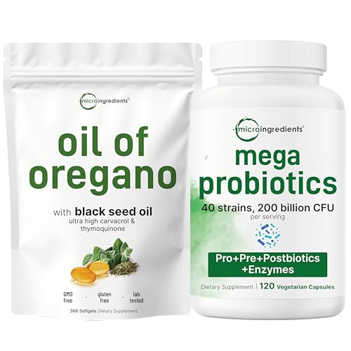 Micro Ingredients Oil of Oregano Softgels & Mega Probiotics 200 Billion CFU Veggie Capsules | 2 Pack Bundle | 4X Strength Thymoquinone + Black Seed | 40 Strains + Inulin, Acacia,& Bromelain