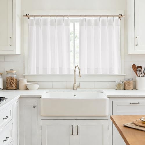 Image of Vision Home White Pinch Pleated Tier Curtains 36 inch, Semi Sheer Kitchen Curtains with Back Tab & Hooks, Light Filtering Small Window Panels for Bathroom Laundry, 25 inch Wx36 Lx2