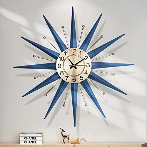 HAOWANJP Mid Century Modern Wall Clock 24 in Starburst Big Wall Clock Silent Non-Ticking Metal Decorative Blue Large Wall Clocks for Living Room Decor