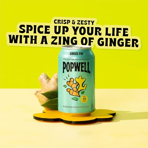 Image of Popwell Ginger Pop Better-For-You Prebiotic Soda, with 6g Fiber, 1g Sugar, Vitamins and Immunity Support, 12 fl oz Cans (pack of 12)