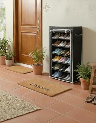 Image of EASY BUY 6 Layer Black Shoe Rack with Cover, Plastic Rack 6 Shelves with Zip Door Cover & Side Pocket | Dustproof Storage Organizer for Footwear, Clothes, Toy, Shoe Rack Plastic, Slipper Stand.