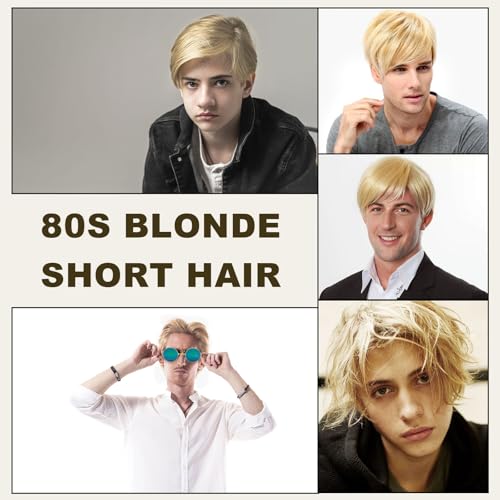 UILYNIU Blonde Short Wig For Men, Natural Fluffy Layered Cosplay Hair Wig, Handsome Men Boyband Wig Adult Fancy Dress Short Wigs 60s 70s 80s Disco Short Anime Costume Wigs Daily Use Wigs (Blonde) - Image 7