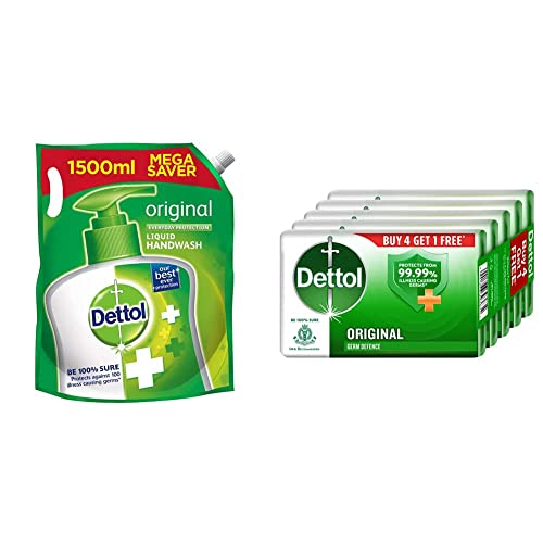 Image of Dettol Original Germ Protection Handwash Liquid Soap Refill, 1500ml & Bathing Soap bar, 125 gm, Buy 4 Get 1 Free