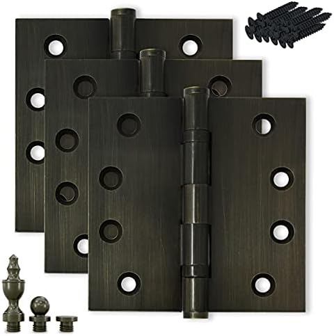 Finsbury Hardware Solid Brass Door Hinge Heavy Duty Ball Bearing 4x4 Inch with Decorative Screw-on Tips Included - Set of 3 Hinges (Antique Brass)