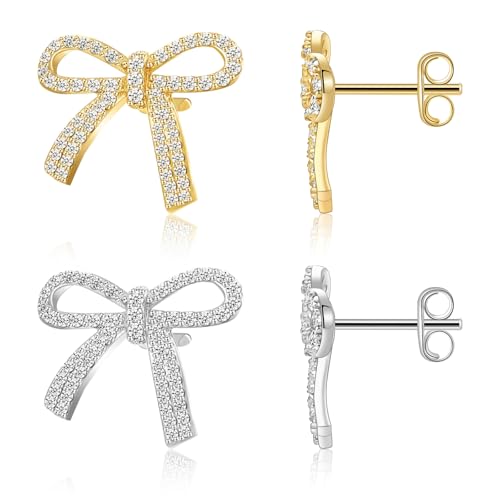 Bow Earrings Set for Women Small Gold Bow Studs for Teen 18K Rhinestone Bow Studs Set for Her