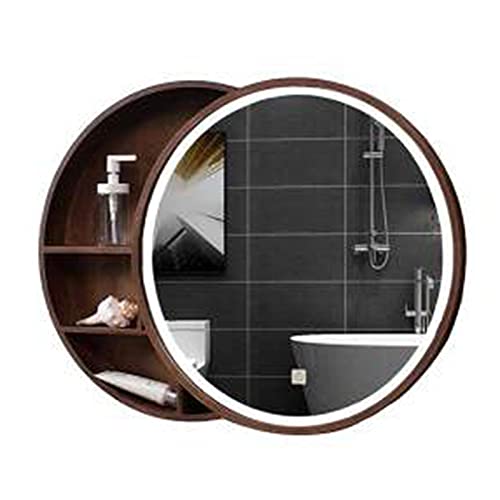 Armadietto Rotondo con Specchio Illuminato a LED per Bagno, Armadietto Portaoggetti a Parete Armadietto per Medicinali con Specchio, Specchio Scorrevole Portaoggetti in Legno a 3 Livelli, in