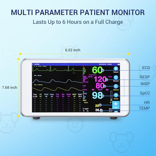 mibest portable veterinary monitor with hd lcd touch screen - multi 6 parameters patient monitor for pets dogs cats - veterinary monitoring in home clinic - icu machine veterinary large small animals