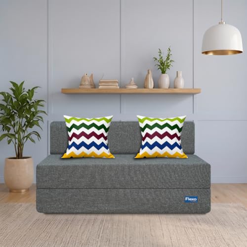 Image of Starlon 2 Seater Foldable Sofa Cum Bed 3-in-1 with 2 Waves Pattern Pillows, Washable Jute Fabric Cover, Space Saving Guest Bed, Pre-Assembled Ash Gray 4x6 Ft