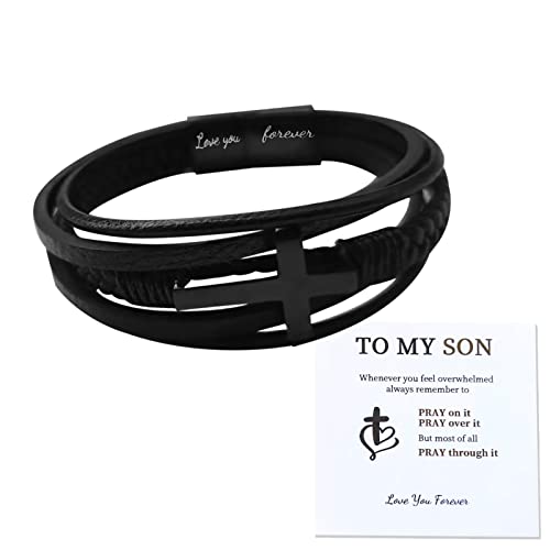To My Son Crucifix Bracelet Stainless Steel Genuine Leather Bracelet for Men Boy Handmade Cross Wrist Band Cuff Bangle Bracelet Inspirational Braided Leather Bracelet Gift (To My Son, Black)