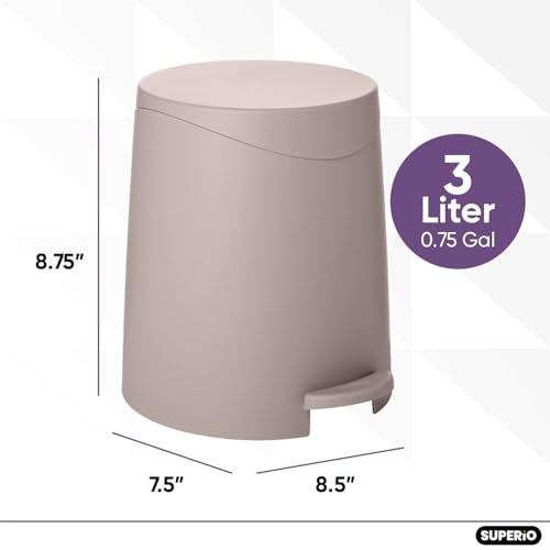 Image of Superio Mini Bathroom Trash Can with Lid 3 Liter, Plastic Waste Bin 0.75 Gallon, Modern Flat Lid Step On Trash Can with Foot Pedal, for Bathroom, Bedroom, Office, Under Desk, Soft Close (Taupe)
