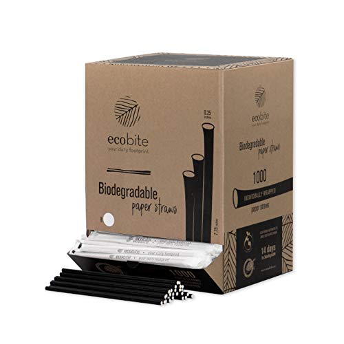 ECOBITE 1000 Count - Premium Paper Straws -Individually Wrapped- Biodegradable - Sturdy and Thick - Plastic & Dye Free - Box Dispenser- Eco-Friendly-Great for Restaurants and Party Decorations (BLACK)