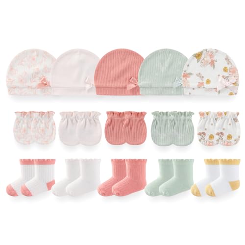 Image of BIGBIGKISS Baby Girls Boys Hats Mittens and Socks Set Cotton Infant Caps Newborn Soft Gloves 0-6 Months
