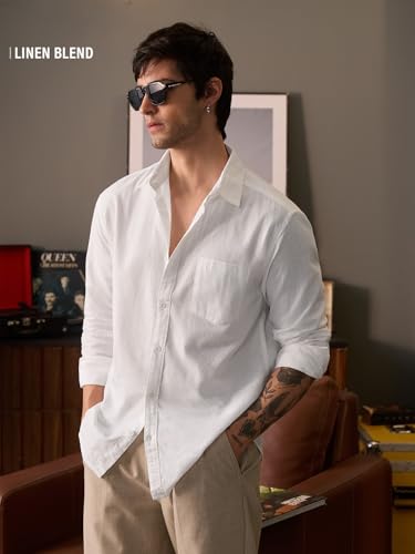 Image of The Souled Store Bold Black Men and Boys Long Sleeve Collared Neck Buttoned Front Regular Fit Cotton Linen Shirts