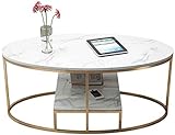 シンプルなリビングルーム2層コーヒーテーブルコンテンポラリークリエイティブオーバルフェイクマーブルエンドテーブルゴールドアイアンアートホームオフィスカクテルサイドテーブル、ホワイト