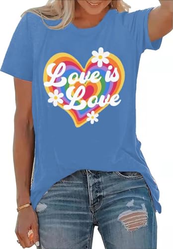 Gay Pride T Shirt Women Funny Rainbow Heart Graphic Tees LGBT Equality Gift Casual Short Sleeve Shirt Tops（X-Large,Blue