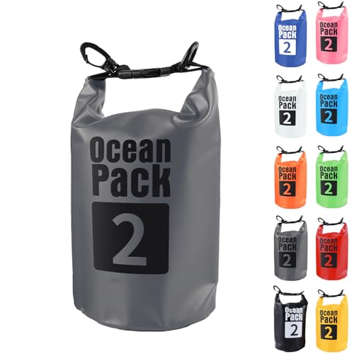 POPOYU - 2L Sac étanche Polyvalent, 2L/5L/10L/15L/20L/30L Gris Waterproof Dry Bag avec Longue Bandoulière Réglable Sac à Dos Confort Imperméable pour Bateau/Kayak/Pêche/Rafting/Natation/Camping/Snowboard