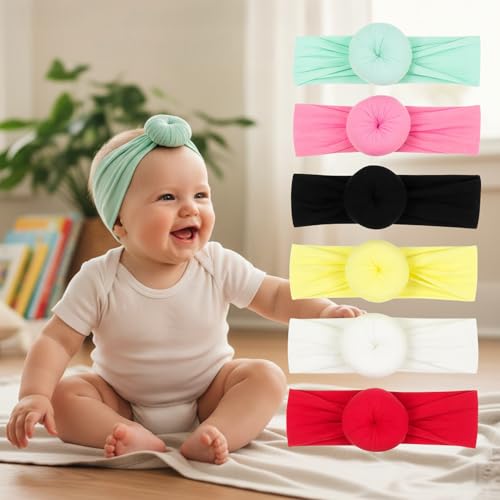 Image of BAKEFY - 6 Baby Flower Headbands for Baby Girls | Soft Nylon Headbands for Newborn Babies, Infant, Toddler | Hair Band, Hair Accessories for Girls