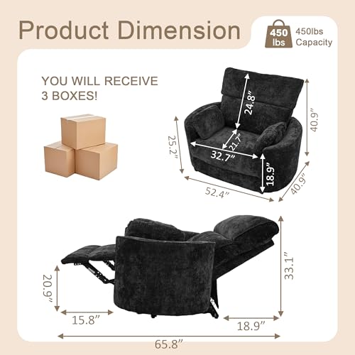 Image of 450lbs Oversized Power Recliner Chair for Big & Tall Adults, Extra Wide Electric Chair with USB & Type-C Ports, Chenille Single Sofa with Pillows for Living Room, Bedroom, Black