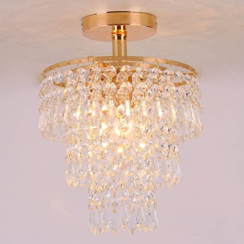 FRIXCHUR Gold Mini Crystal Chandelier - Modern Flush Mount Light - Image 5