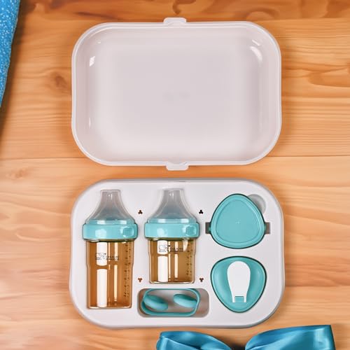 Image of Childlike Behavior Anti Colic Baby Bottles Gift Box Set - Includes 5oz & 8oz Bottles, Detachable Handles, Replacement Lids - Ideal Breastfeeding-Friendly Design - Blue
