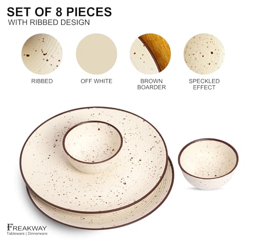Image of Freakway Handcrafted White Ceramic Stoneware Dinner Set of 8 Pieces with Serving Bowls | 4 Dinner Plates & 4 Bowl /katori | Bone Ash Free | Microwave and Dishwasher Safe - Off White