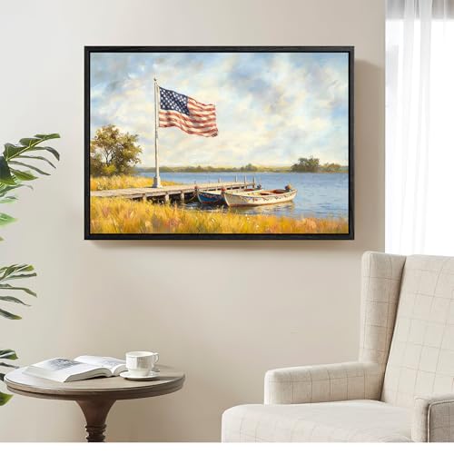 Image of American Flag Framed Canvas Wall Art, 4th of July Red White Blue Canvas Prints, USA Flag with Boat Patriotic Decorations, Vintage Independence Day Wall Decor for Bedroom Living Room 20x24