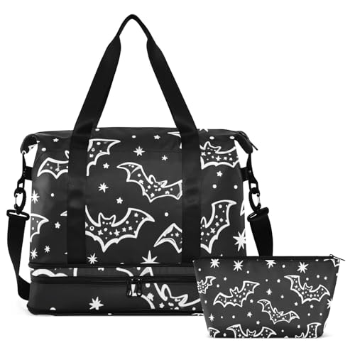 ALAZA Sports Duffel Bags with Toiletry Bag Set,Hand Drawn Bat Pattern Travel Duffel Bags Multi Pockets Weekend Bag