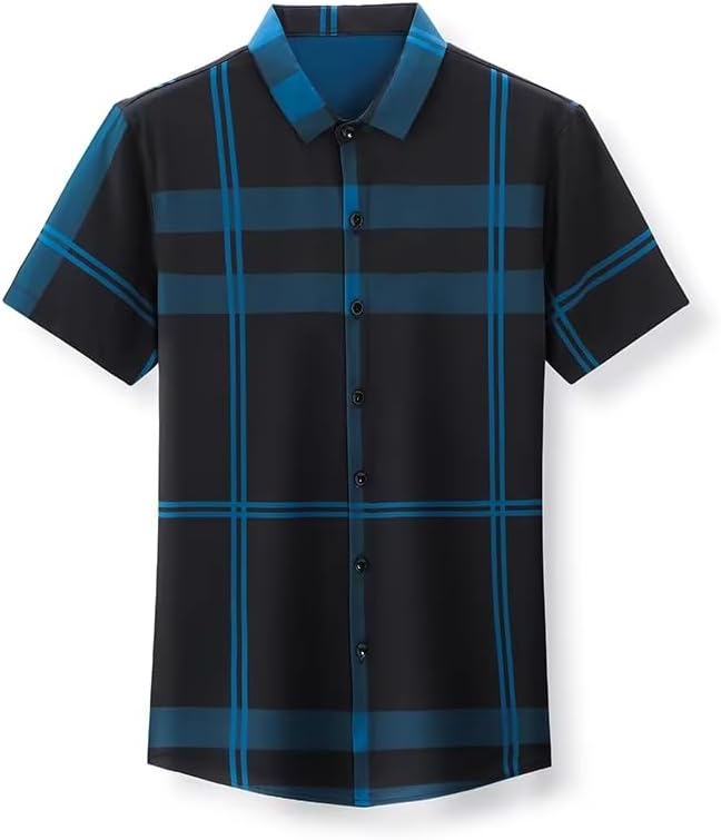 Mens Business Casual Short Sleeve Shirt Plaid Button Up Work Office Classic Style