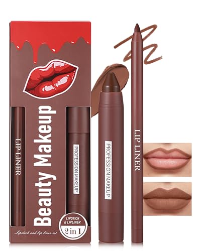 Rouge a Levre + Crayon a Levre Velours Mat, Très Pigmenté Combo Rouge à Lèvres 2-en-1 Marron, Longue Tenue Waterproof, Texture Onctueuse et Crémeuse, Kit Maquillage Lèvres Volumateur et Définies-01