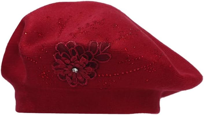 Retro Rhinestone Flower Knitted Beret Hat for Artistic Style and Fashion Statement
