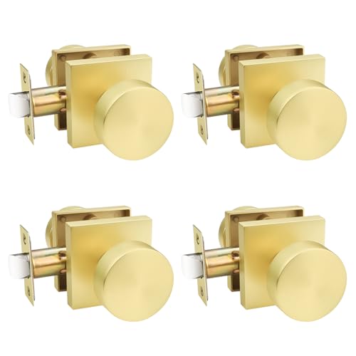Probrico 4 Pack Door Knobs Interior, Brushed Brass Door Handles No Lock, Gold Interior Doorknobs for Closet/Hallway Doors, Round Door Knobs on Square Rose