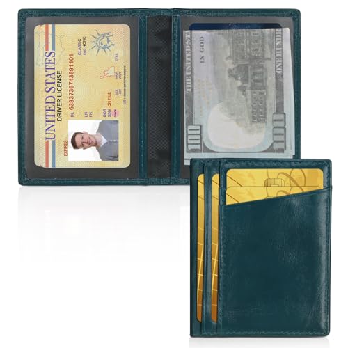 Image of Unaone Slim Minimalist Wallet - Premium Leather RFID Blocking Front Pocket Wallets with 8 Card Slots and 2 ID Window, Drak Green