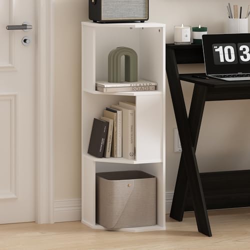 Image of Furinno ECON Corner Shelf, 3-Tier Corner Book Shelf, Standing Storage Shelves, Cube Display Rack, Bookshelf, for Organization and Storage, Living Room, Home Office, White