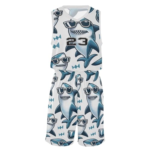 FLildon Funny Sharks Boys Basketball Jersey Set Tank Top Shorts Tracksuit Sport Training Suit for Kids, S