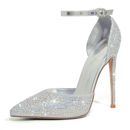 Image of Elisabet Tang 4 Inch Stiletto with Ankle Strap D'Orsay Pumps | Features sparkly rhinestone, pointed toe,secure ankle strap design, perfect for prom, wedding, party