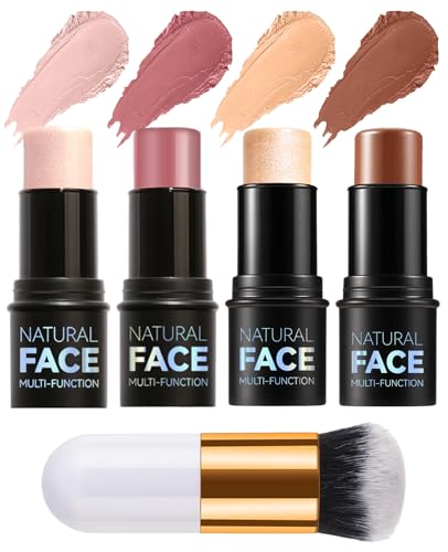 SEESUNO 4Pcs Contour & Highlighter Stick Set - Cream Bronzer Blush Makeup Stick for Face, Waterproof Long Lasting, with Blending Brush, for All Skin Types