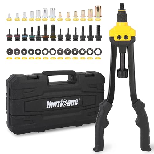 HURRICANE 16” Rivet Nut Tool, Hand Rivet Nut Tool with 13 Metric and SAE Mandrels, 130Pcs Threaded Rivet Nuts, Auto Release Nutsert Rivnut Tool, Durable Riveter Nutsert Hand Tool, Sturdy Plastic Case