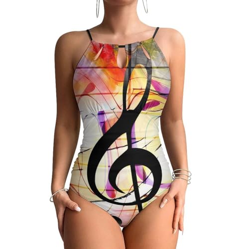 Maillots de bain une pièce femme contrôle ventre imprimé musique jaune noir monokini