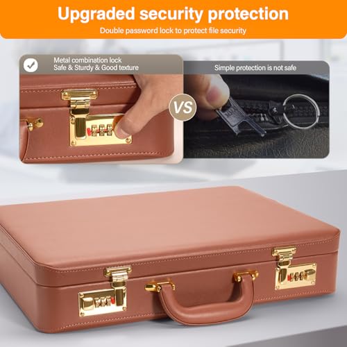 17.5x13.5x3.5 Inch Briefcases for Men - Vintage Hard Case Attache with Dual Combination Lock - PU Leather Locking Brief Case, Partitioned Storage for Laptop Document Phone Passport, Brown3