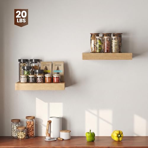 Image of Dreamland 16 inch Floating Shelves for Wall, 12 inch Deep Thicker Floating Shelves, Wall-Mounted Shelves for Bedroom, Living Room, Kitchen, Bathroom,Oak - Set of 3