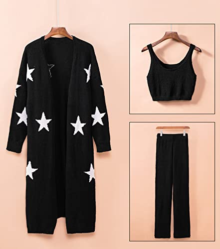 Image of Fixmatti Women's Fuzzy 3 Piece Sweatsuit Open Front Cardigan Crop Tank Tops Wide Legs Pants Lounge Sets
