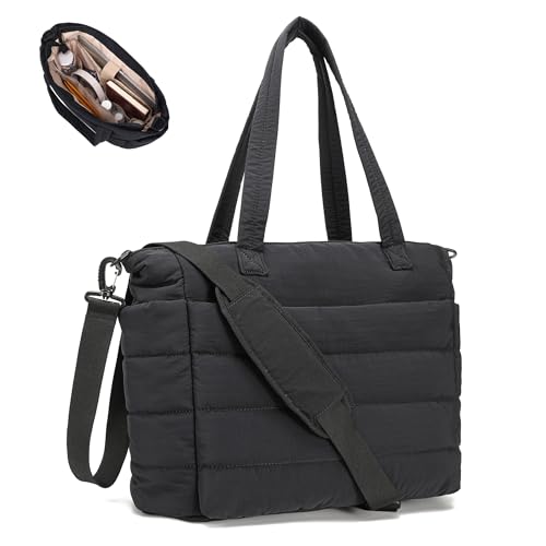 AOCINA Laptop Tote Bag for Women Lightweight Puffer Quilted Work Tote Padded Laptop Compartment Shoulder Handbag Travel Nurse(Black Dark)