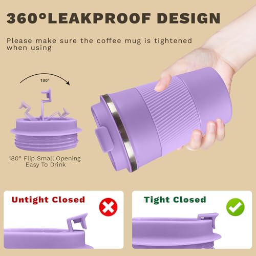 Image of Vacuum Insulated Stainless Steel Travel Coffee Mug,Leak Proof Cup with Lid | 304 stainless steel mug with vacuum insulation, leak proof lid, silicone grip and car cup holder friendly design