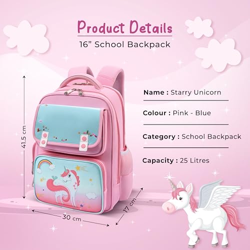 Image of Gear Starry Unicorn 16 inch /25L Medium Water Resistant School Bag | Casual Backpack | Daypack | Travel Backpack | Kids Bag for Boys /Girls (Pink - Blue)