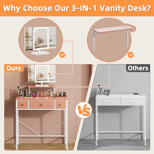 Image of HIGDBFE Small Makeup Vanity Desk 27.5''W with Mirror and Lights, 3 Drawers | USB Lighted Mirror, Height-Adjustable Stand, Fabric Drawers, Girls /Kids Gifts, Bedroom, Small Space, Dorm, Pink
