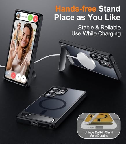 Image of Elzzi Magnetic Cover Compatible for Samsung S25 Ultra 5g Case with Adjustable Metal Kickstand, Compatible with Mag-Safe Translucent Matte Shockproof Protective Phone Case, Black