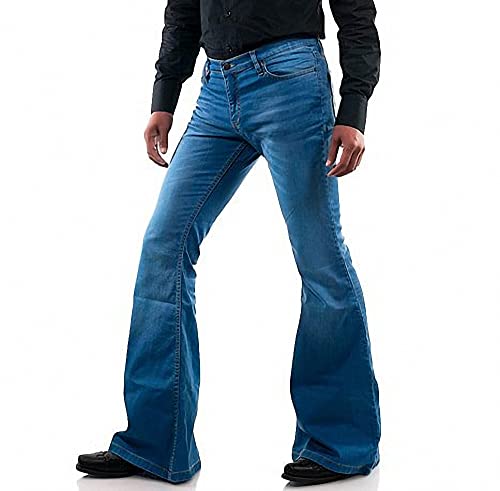 Image of Men's Relaxed Vintage 60s 70s Bell Bottom Stretch Fit Classic Comfort Flared Flares Retro Leg Disco Denim Jeans Pants