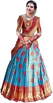 Women's Pure Silk Zari Weaving Lehenga Choli, Unstitched Lehenga Choli, Half Saree. (SKY BLUE RED)