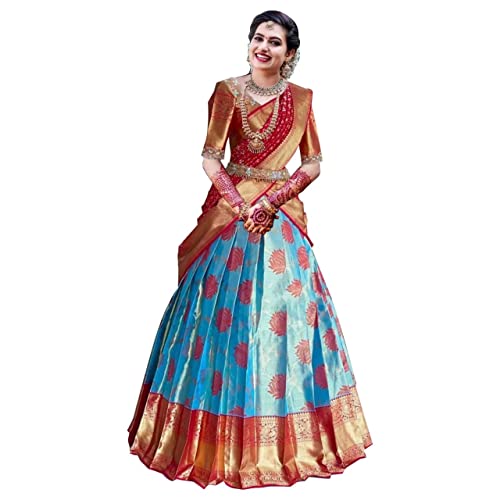 Women's Pure Silk Zari Weaving Lehenga Choli, Unstitched Lehenga Choli, Half Saree. (SKY BLUE RED)