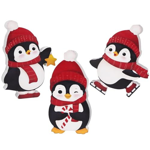 BETESSIN 3 Piezas Adorno Pingüino de Navidad, Decoración Mesa Madera de Navidad, Ornamento Pingüino de 3 Estilos, Adorno de Mesa Escaparate Interior Hogar para Fiesta de Navidad
